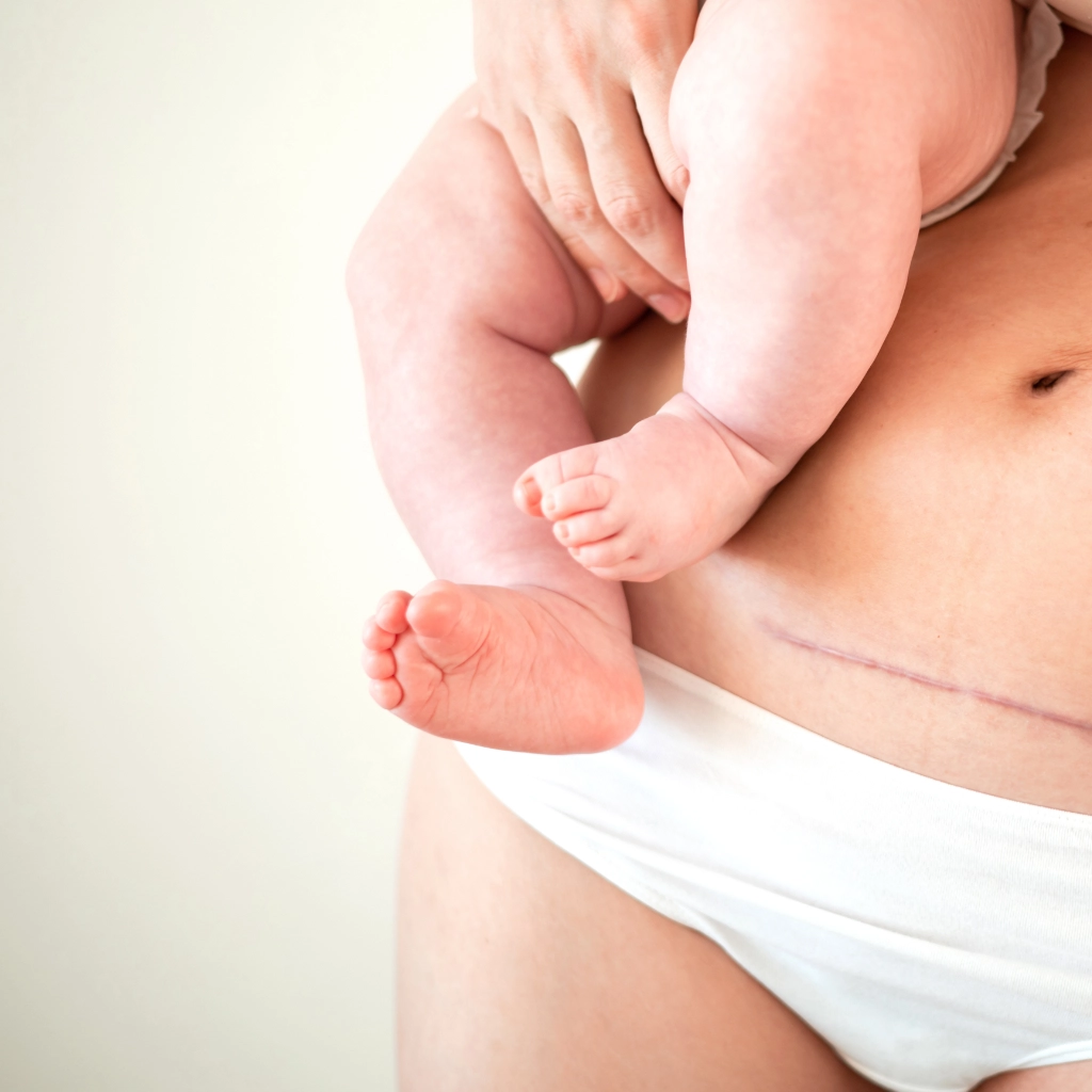 Madre con cicatriz de cesárea sosteniendo a su bebé durante una sesión de fisioterapia postparto en Vallirana